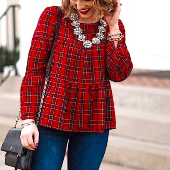 Madewell Tops - MADEWELL Red Plaid Tiered Button Back Swing Top Size